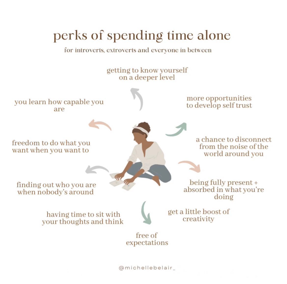 Everyone needs alone time - not just your introvert friends! 

I know not all of us LIKE spending time alone - but all of us NEED some regular alone time. 

And check out all the epic perks of spending time alone. Who doesn’t want to know themselves and trust themselves more? Who doesn’t want to feel centered and grounded?

I’d argue that prioritizing time alone is one of the key contributors to living a life that feels good - without it, we lose access to this sacred, deeper connection to ourselves. 

And when we lose that connection, we lose our way.

My hope is that this can be a space where you can learn how to and be inspired to spend more quality time with you, yourself and you. 

Because after all, you shouldn’t be enjoying yourself ONLY when you’re with other people. Enjoying the time you spend alone means MORE happiness in life, MORE contentedness, MORE peace. 

➡️If you’re someone struggling to enjoy spending time alone, scroll on down to my post from March 13th to find 14 ways to spend quality time with yourself. 

➡️If you know your relationship with yourself has taken a hit and you want to work with a life coach to get it back and build a relationship with yourself that’s better than ever before, you’re in the right place. Send me a dm at @michellebelair_  to find out more!
